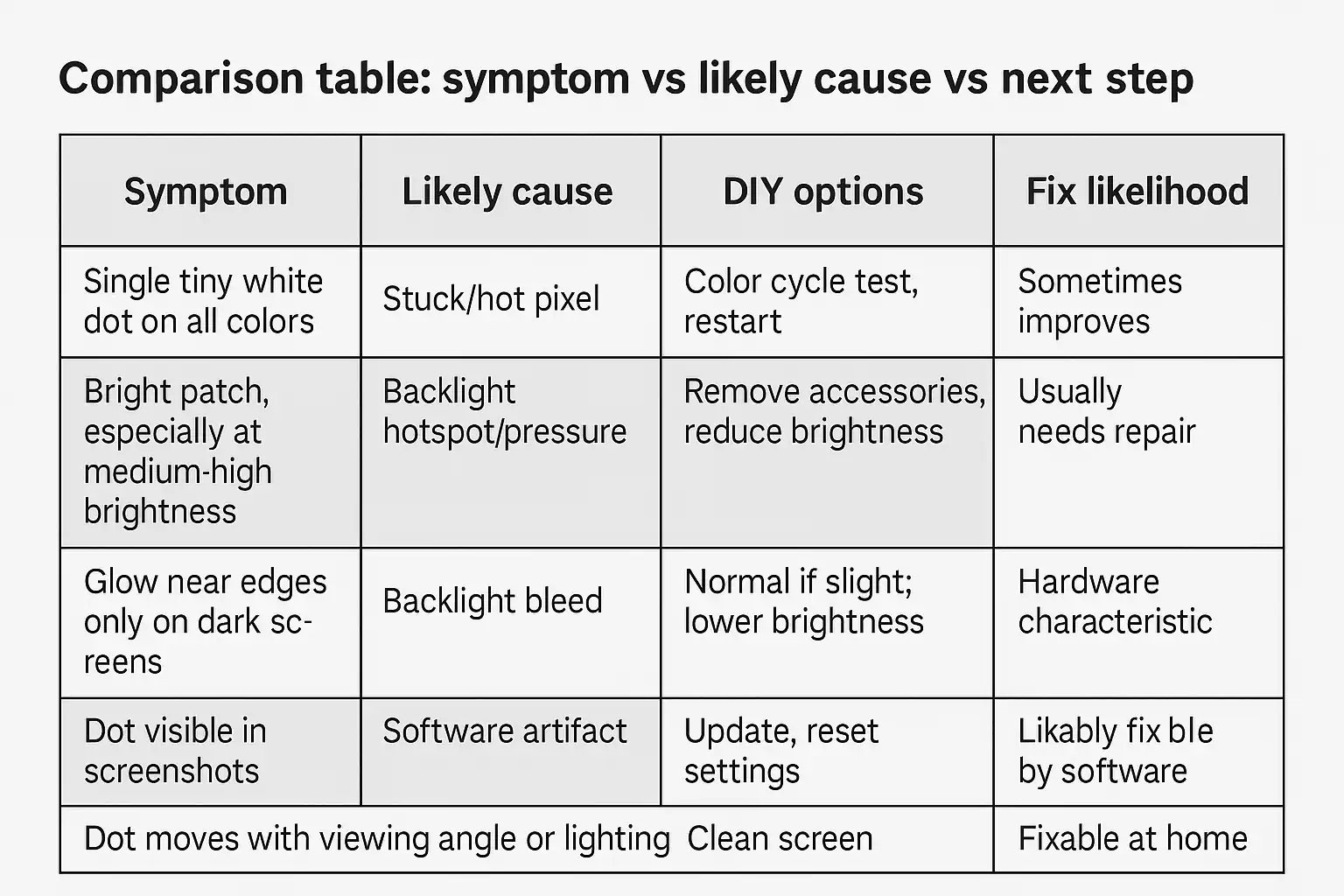 Comparison table of iPad screen white dot issues, showing causes like stuck pixels, backlight pressure, software glitches, and recommended fixes.
