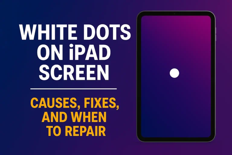 iPad display with a visible white dot, representing stuck pixel or backlight issue that may need repair or screen replacement.