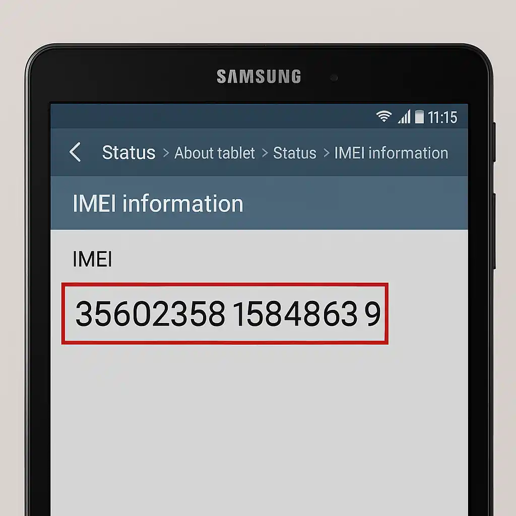 Display of Samsung tablet with IMEI number highlighted