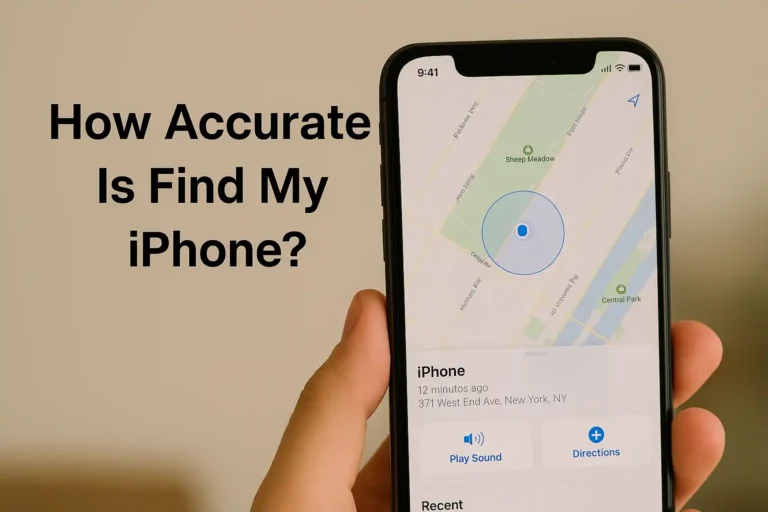 A person holding an iPhone showing the Find My iPhone map with text asking how accurate is Find My iPhone