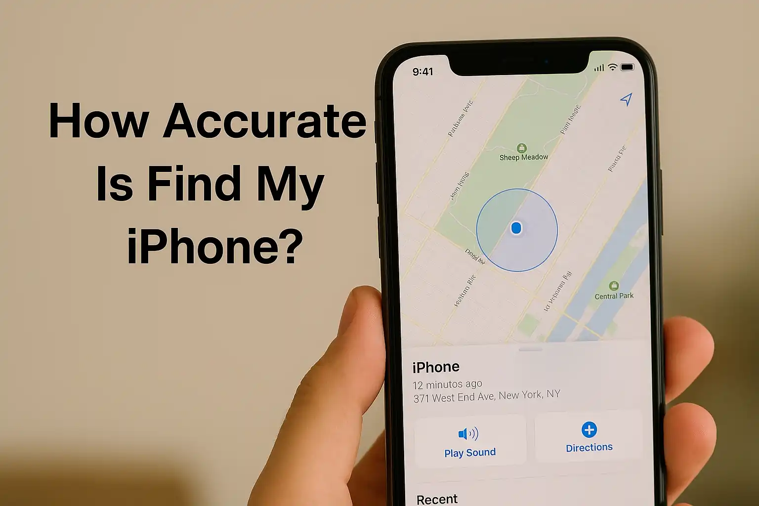 A person holding an iPhone showing the Find My iPhone map with text asking how accurate is Find My iPhone