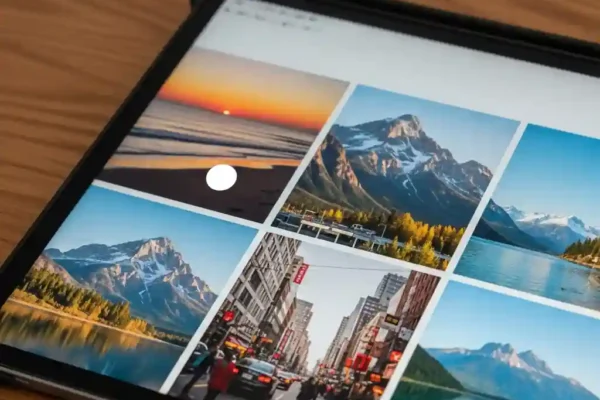 Landscape image of an iPad photo gallery with a localized bright white glow illustrating bright spot ipad; useful for bright spot ipad pro, ipad air white spot, and ipad pro 11 white spot troubleshooting.