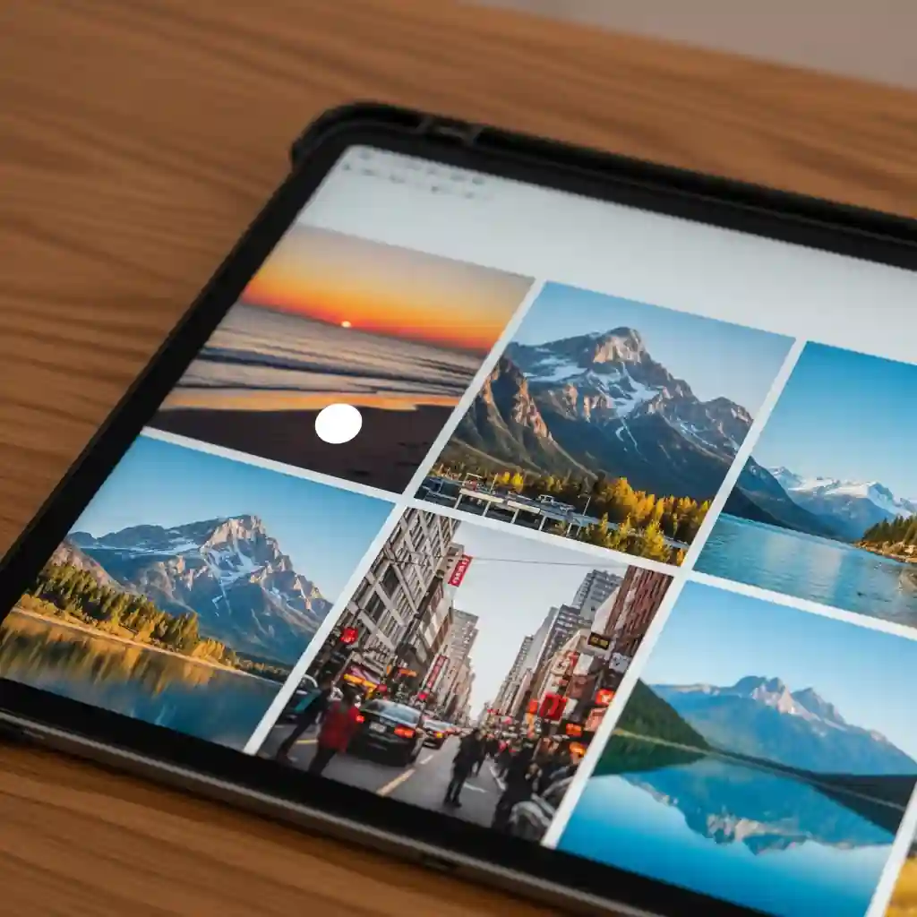 Landscape image of an iPad photo gallery with a localized bright white glow illustrating bright spot ipad; useful for bright spot ipad pro, ipad air white spot, and ipad pro 11 white spot troubleshooting.