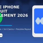 Creative Apple iPhone lawsuit settlement 2026 illustration showing an iPhone, Siri waveform, and payout symbol for class action settlement news.