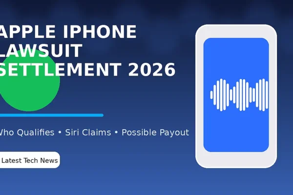 Creative Apple iPhone lawsuit settlement 2026 illustration showing an iPhone, Siri waveform, and payout symbol for class action settlement news.
