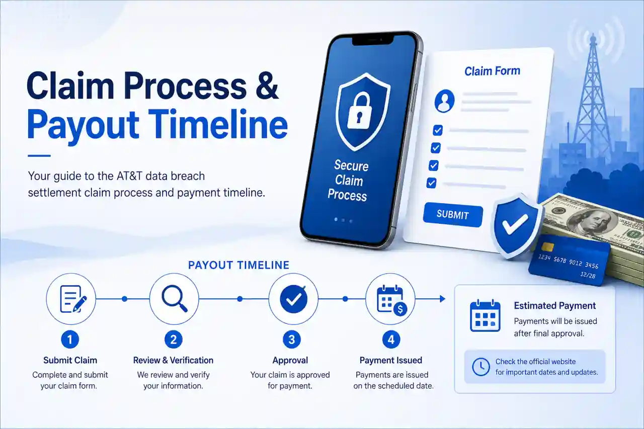 AT&T class action lawsuit illustration showing AT&T breach settlement payments, claim process, legal fees, and customer compensation details